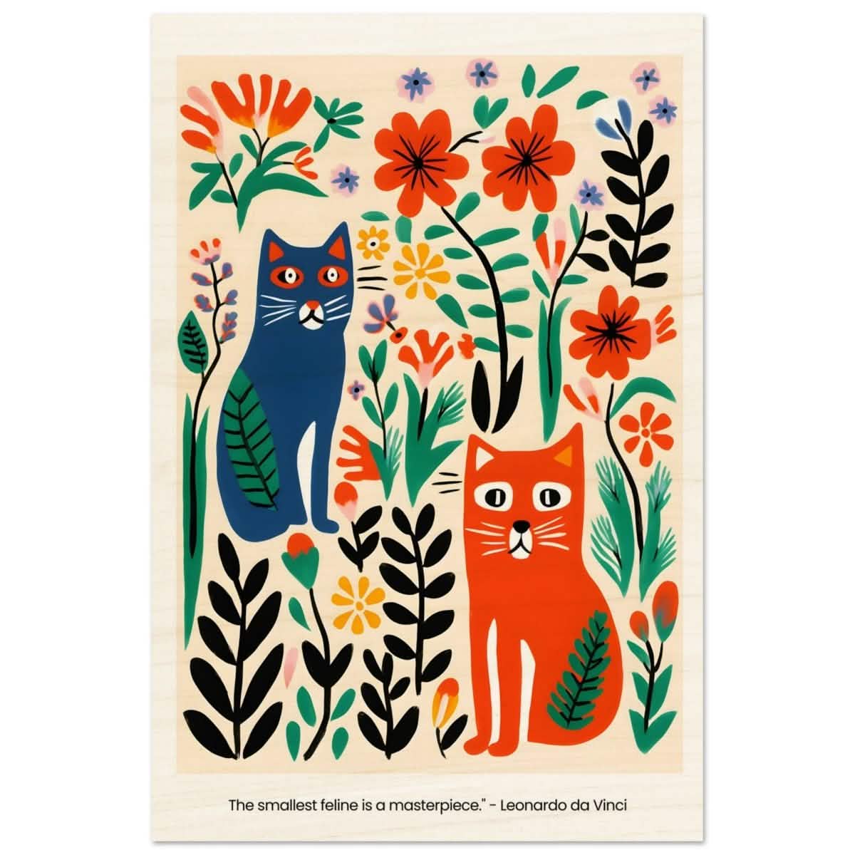 Feline Garden Delight | Modern Folk Art with a playful, illustrative style - Wood Prints - 30x45 cm / 12x18″ -