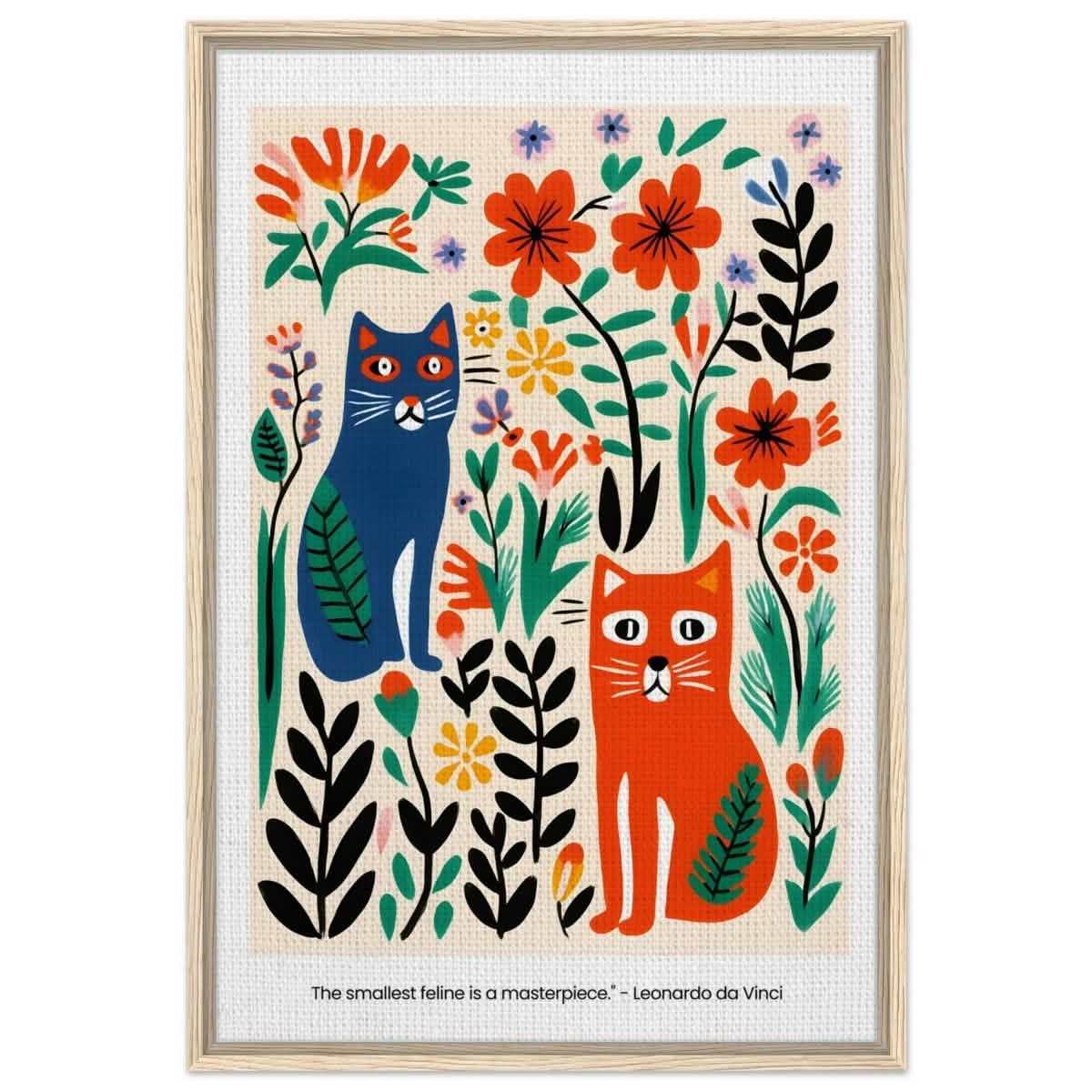Feline Garden Delight | Modern Folk Art with a playful, illustrative style - Framed Canvas - 60x90 cm / 24x36″ - Wood frame