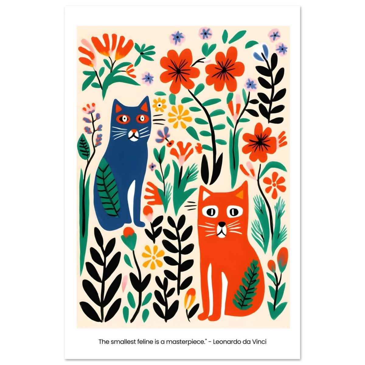 Feline Garden Delight | Modern Folk Art with a playful, illustrative style - Aluminum Print - 30x45 cm / 12x18″ -