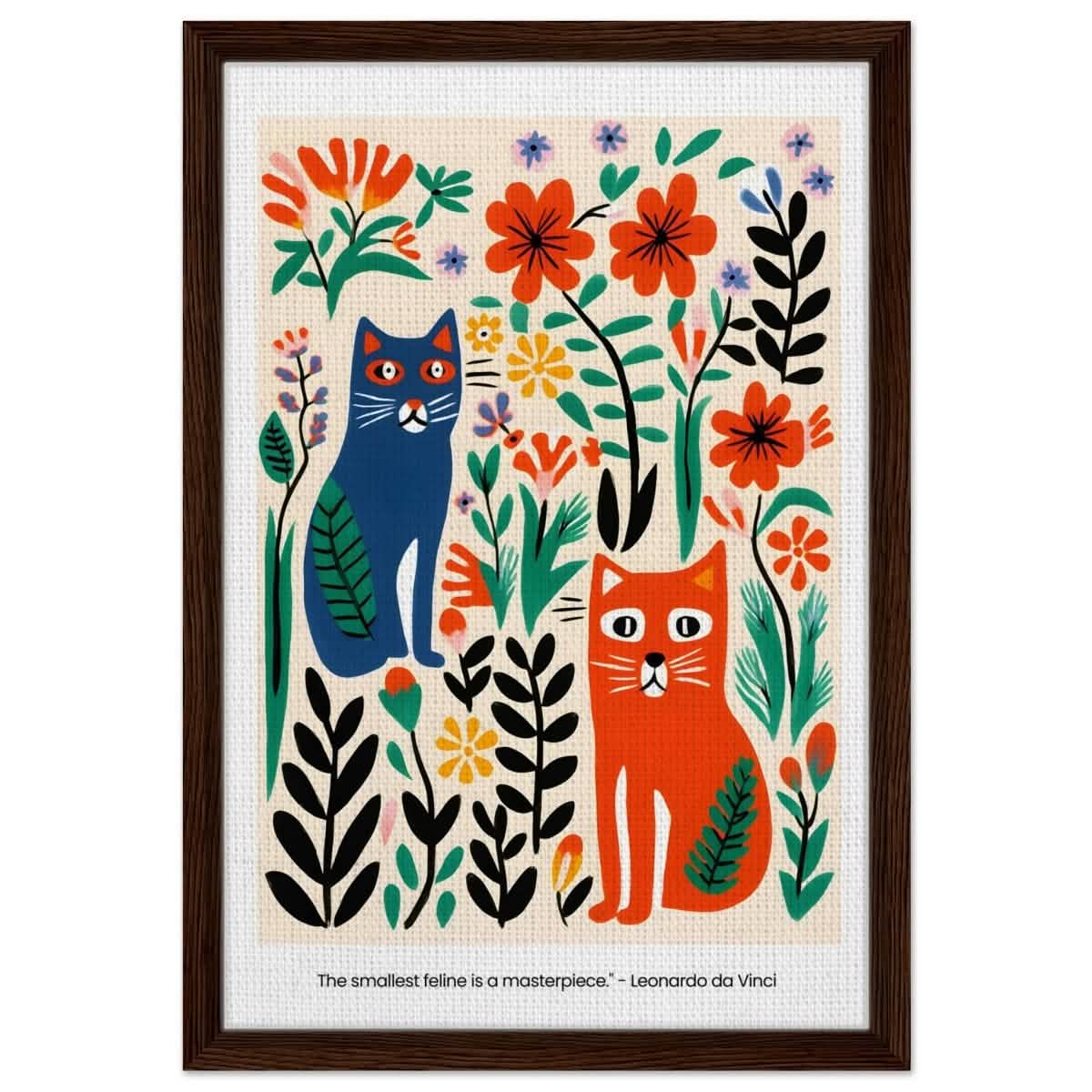 Feline Garden Delight | Modern Folk Art with a playful, illustrative style - Framed Canvas - 40x60 cm / 16x24″ - Dark wood frame