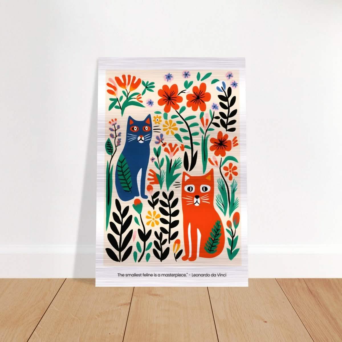 Feline Garden Delight | Modern Folk Art with a playful, illustrative style - Brushed Aluminum Print - 30x45 cm / 12x18″ -