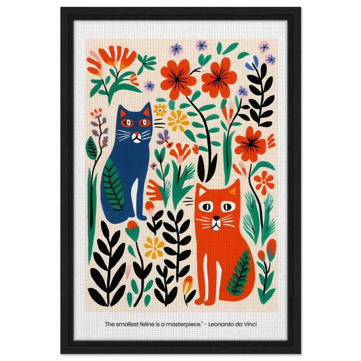 Feline Garden Delight | Modern Folk Art with a playful, illustrative style - Framed Canvas - 40x60 cm / 16x24″ - Black frame