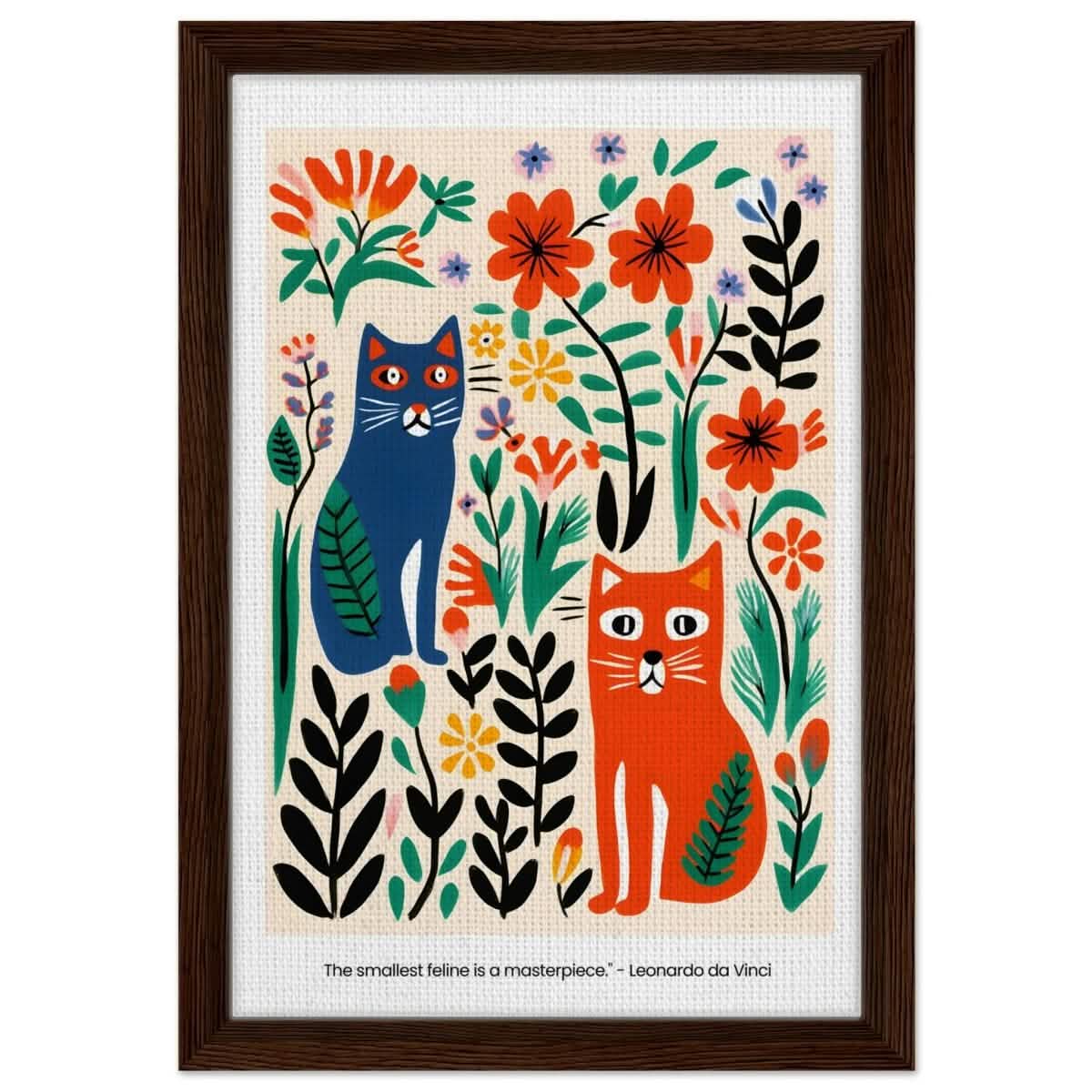 Feline Garden Delight | Modern Folk Art with a playful, illustrative style - Framed Canvas - 30x45 cm / 12x18″ - Dark wood frame