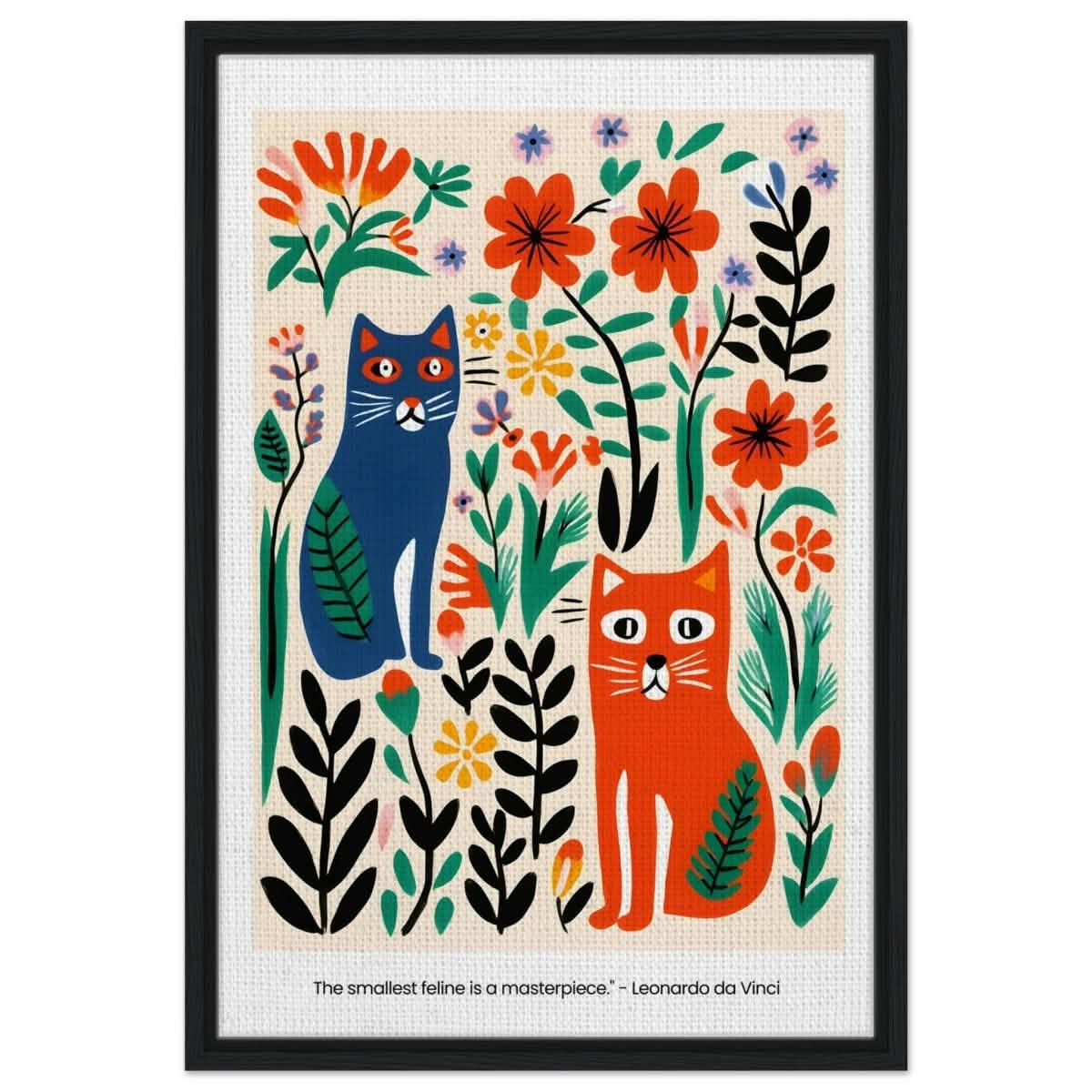 Feline Garden Delight | Modern Folk Art with a playful, illustrative style - Framed Canvas - 50x75 cm / 20x30″ - Black frame