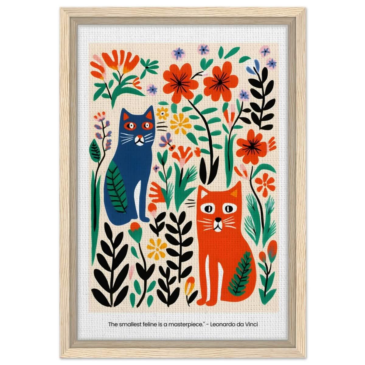 Feline Garden Delight | Modern Folk Art with a playful, illustrative style - Framed Canvas - 30x45 cm / 12x18″ - Wood frame