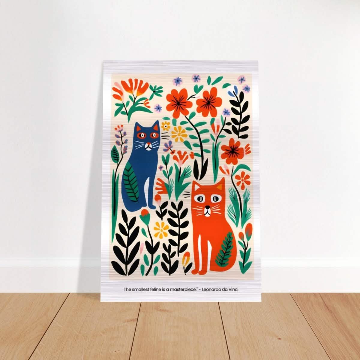 Feline Garden Delight | Modern Folk Art with a playful, illustrative style - Brushed Aluminum Print - 50x75 cm / 20x30″ -