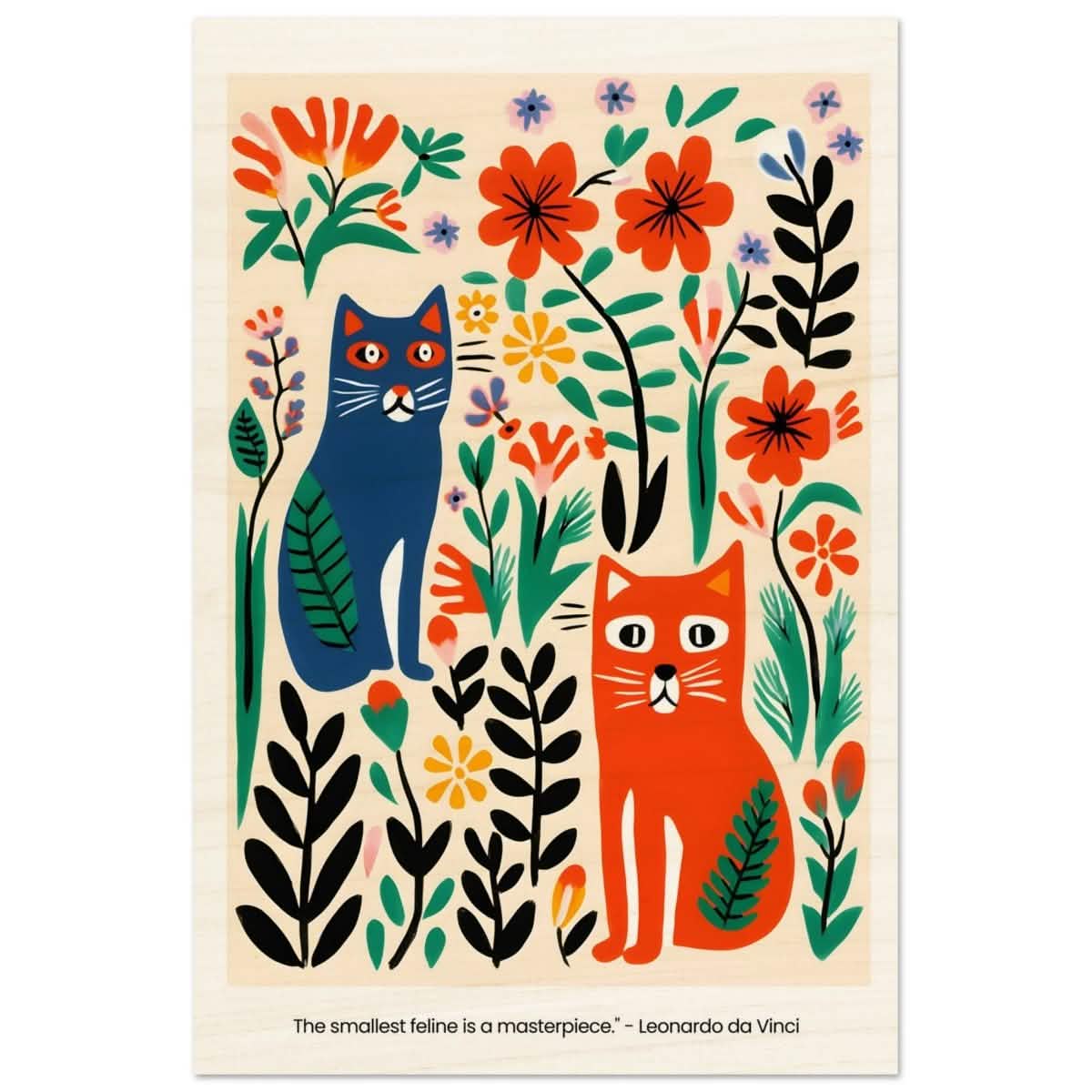 Feline Garden Delight | Modern Folk Art with a playful, illustrative style - Wood Prints - 50x75 cm / 20x30″ -