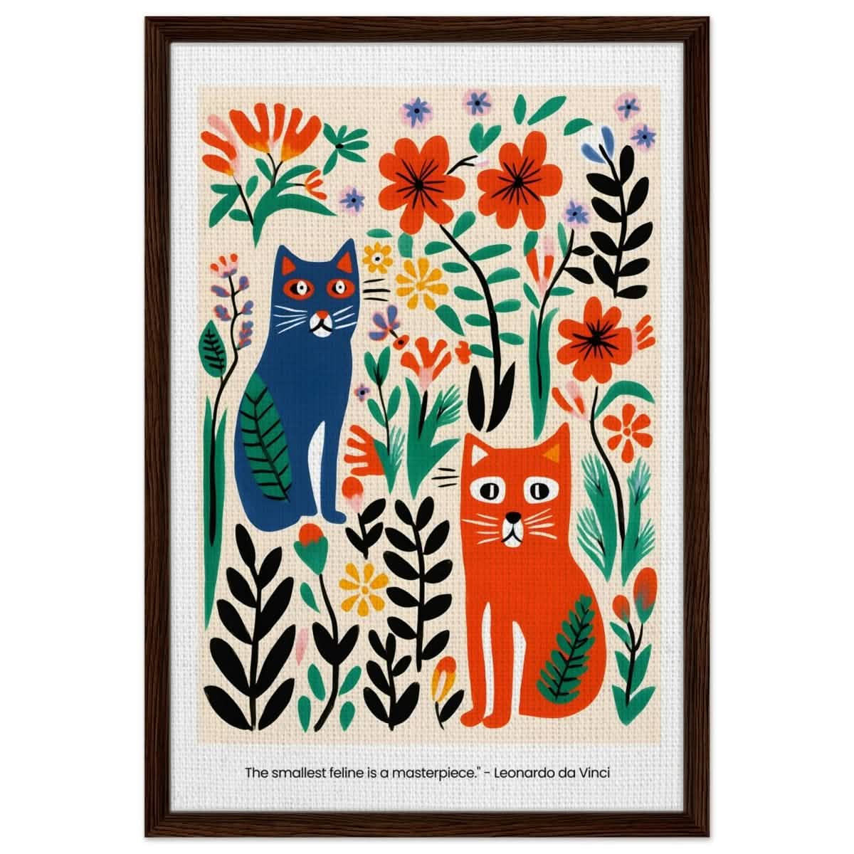 Feline Garden Delight | Modern Folk Art with a playful, illustrative style - Framed Canvas - 50x75 cm / 20x30″ - Dark wood frame
