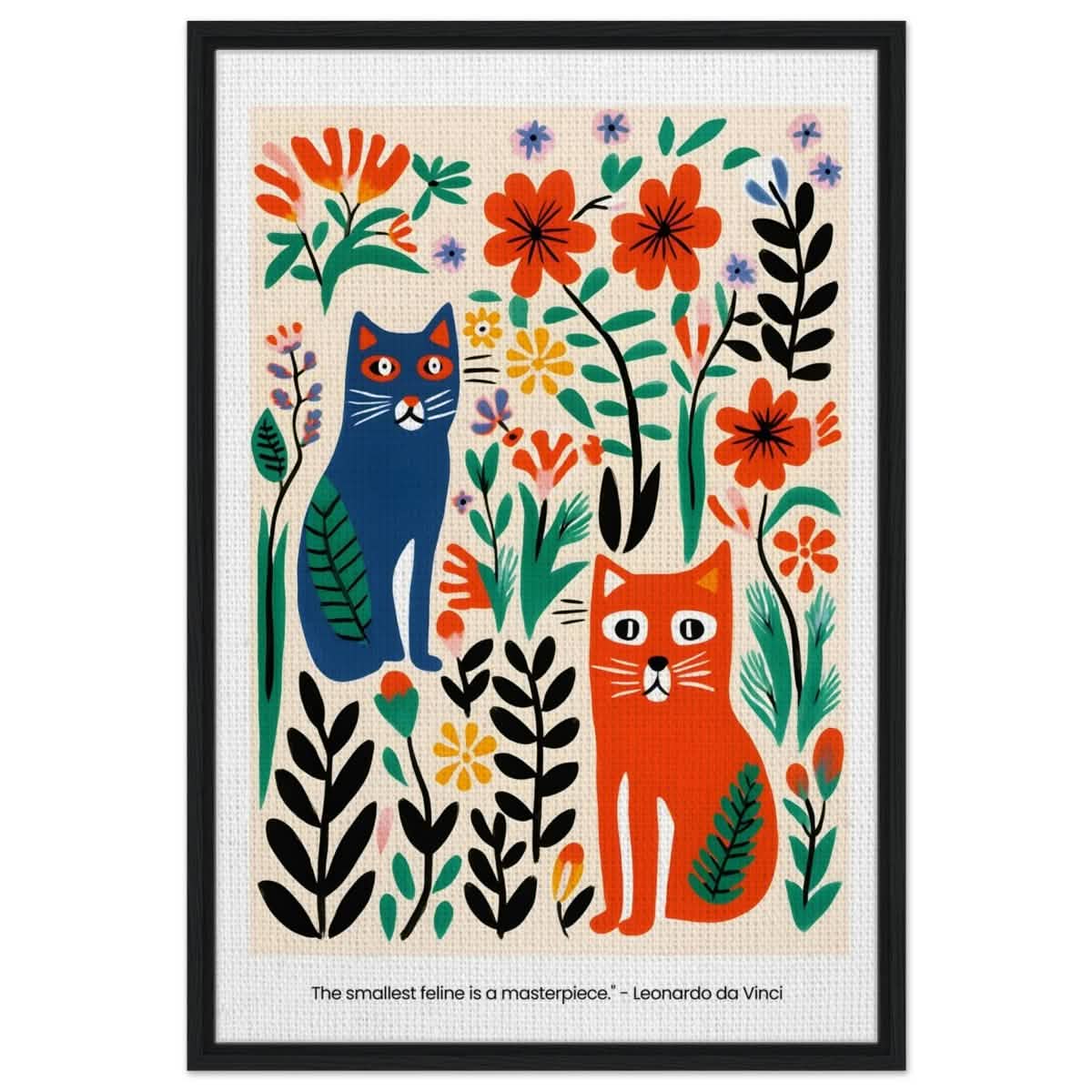 Feline Garden Delight | Modern Folk Art with a playful, illustrative style - Framed Canvas - 60x90 cm / 24x36″ - Black frame