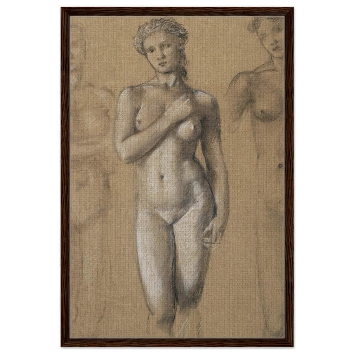 Female Nude Three Studies by Sir Edward Burne - Jones | Vintage wall art print - Framed Canvas - 60x90 cm / 24x36″ - Dark wood frame