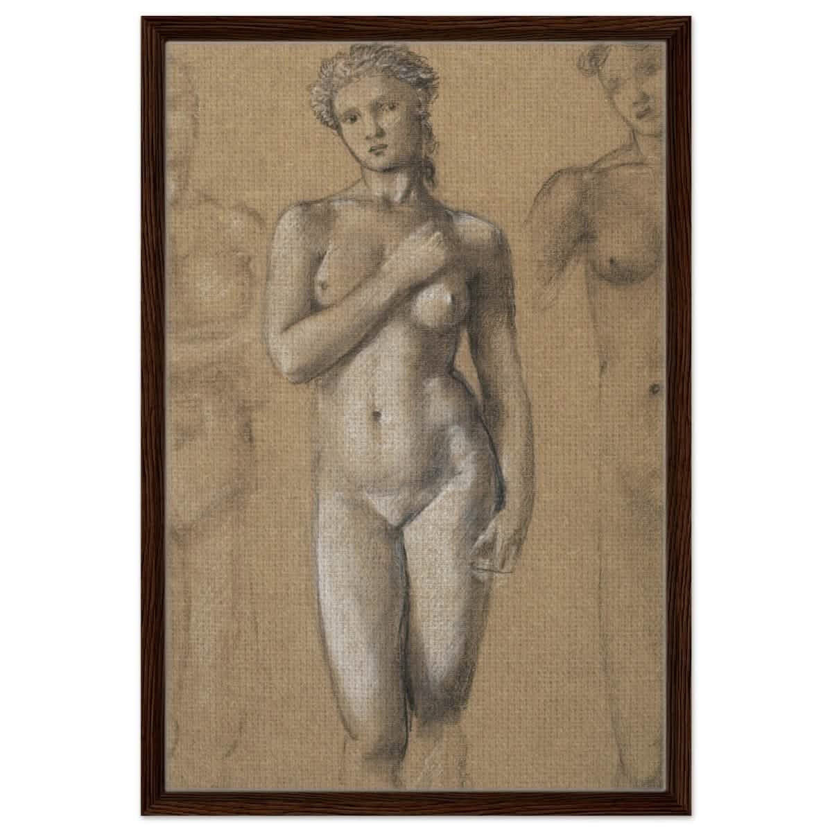 Female Nude Three Studies by Sir Edward Burne - Jones | Vintage wall art print - Framed Canvas - 50x75 cm / 20x30″ - Dark wood frame