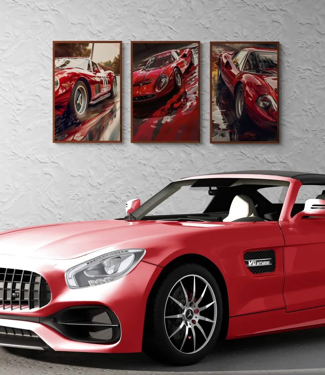 Ferrari Legends | Trio Canvas & Framed Canvas Set 🏎️🔥| Luxury Garage Decor - Framed Canvas - 30X45 CM / 12X18″ - Dark wood frame