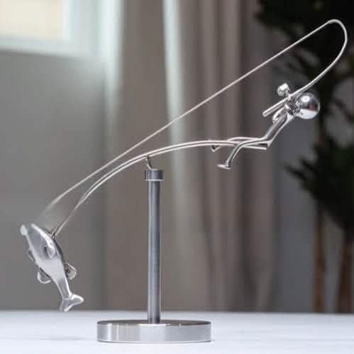 Fisherman Balance Sculpture – Modern Alloy Kinetic Art Ornament - Silver -