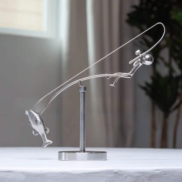 Fisherman Balance Sculpture – Modern Alloy Kinetic Art Ornament - Silver -