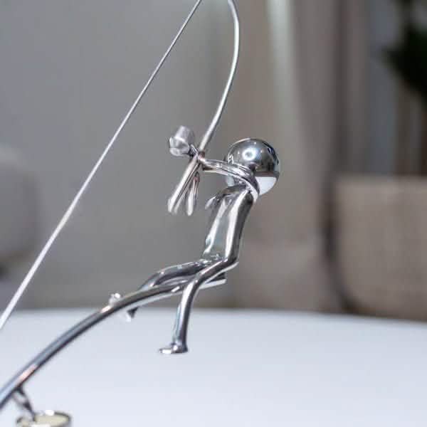 Fisherman Balance Sculpture – Modern Alloy Kinetic Art Ornament - Silver -