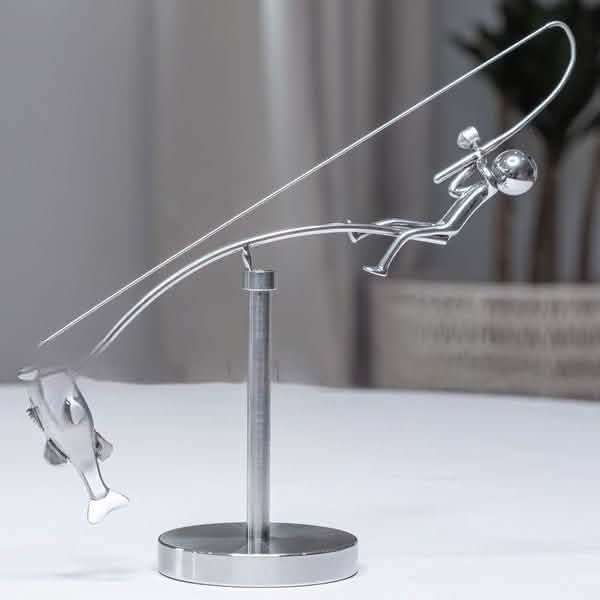 Fisherman Balance Sculpture – Modern Alloy Kinetic Art Ornament - Silver -