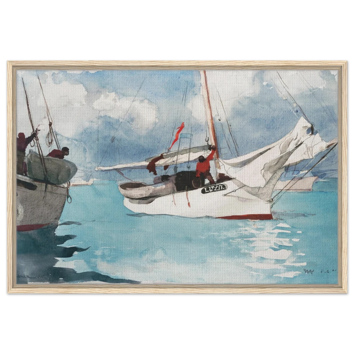 "Fishing Boats, Key West" – Nautical Wall Art Print by Winslow Homer - Framed Canvas - 60x90 cm / 24x36″ - Wood frame
