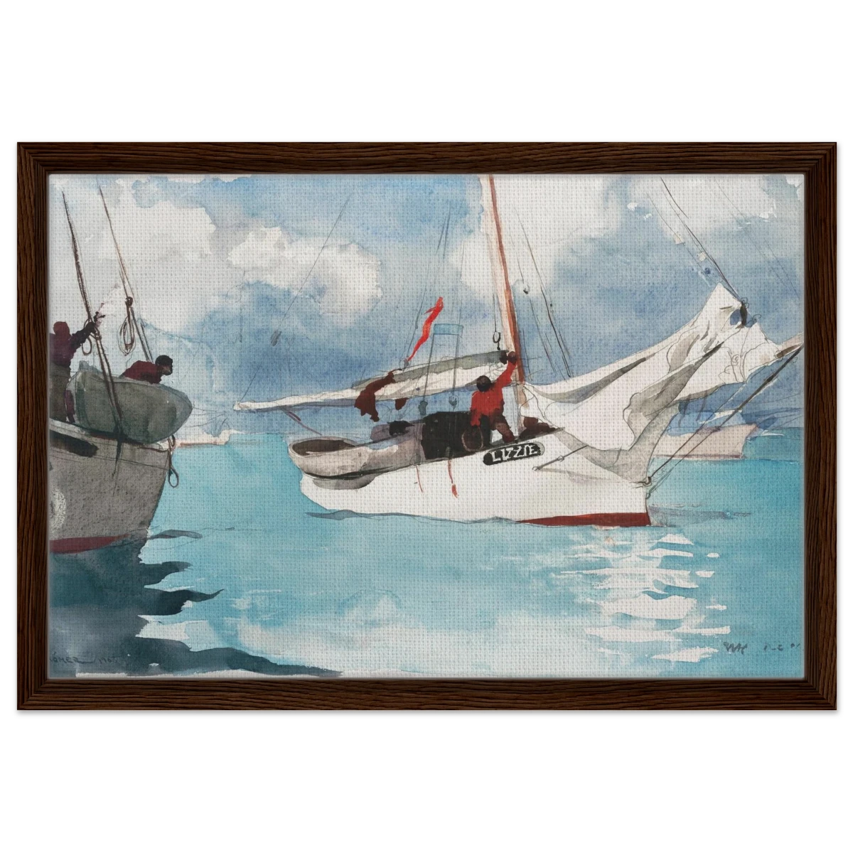 "Fishing Boats, Key West" – Nautical Wall Art Print by Winslow Homer - Framed Canvas - 40x60 cm / 16x24″ - Dark wood frame