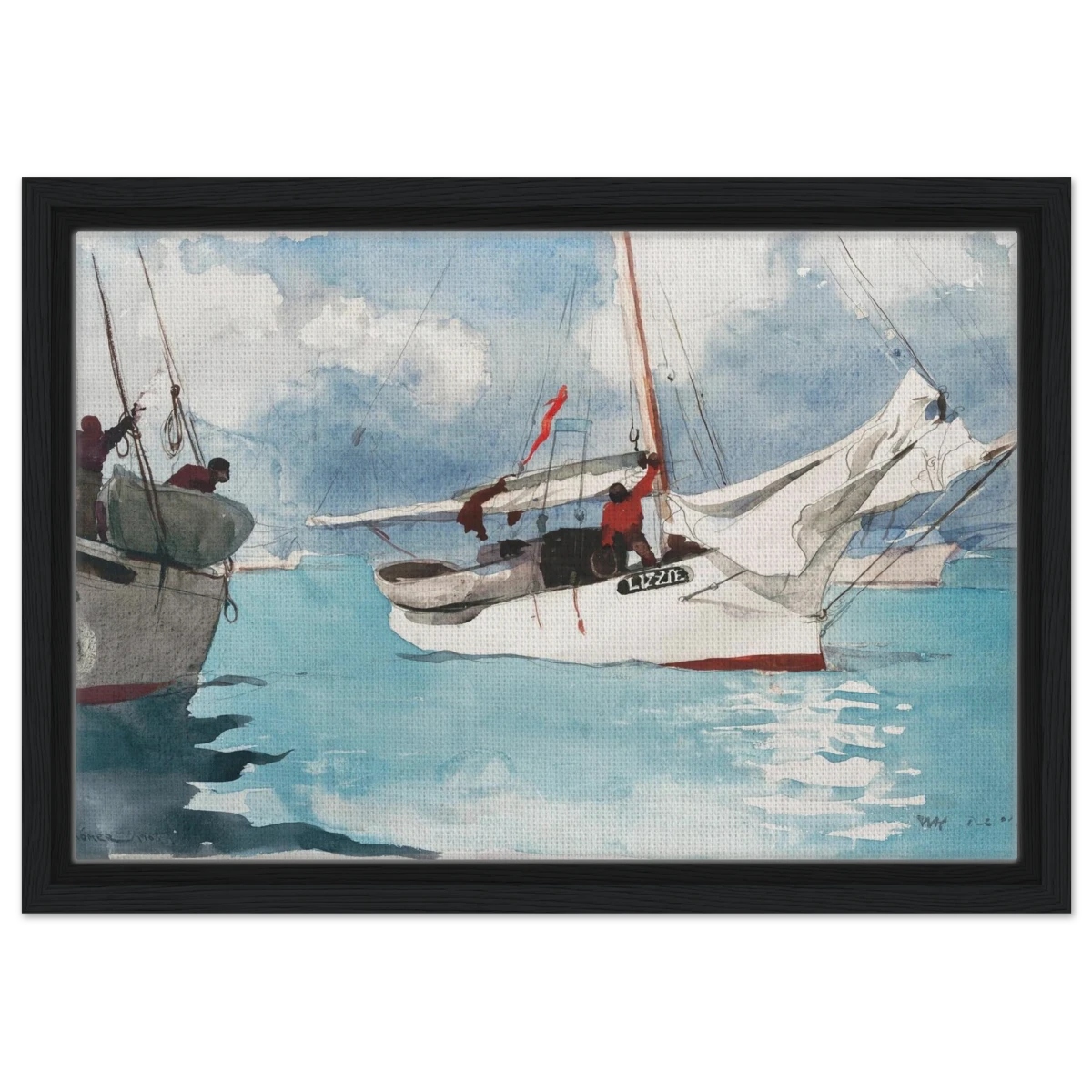 "Fishing Boats, Key West" – Nautical Wall Art Print by Winslow Homer - Framed Canvas - 30x45 cm / 12x18″ - Black frame