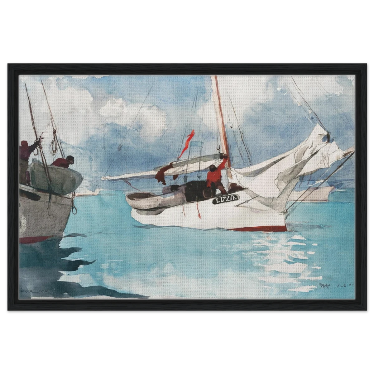 "Fishing Boats, Key West" – Nautical Wall Art Print by Winslow Homer - Framed Canvas - 50x75 cm / 20x30″ - Black frame