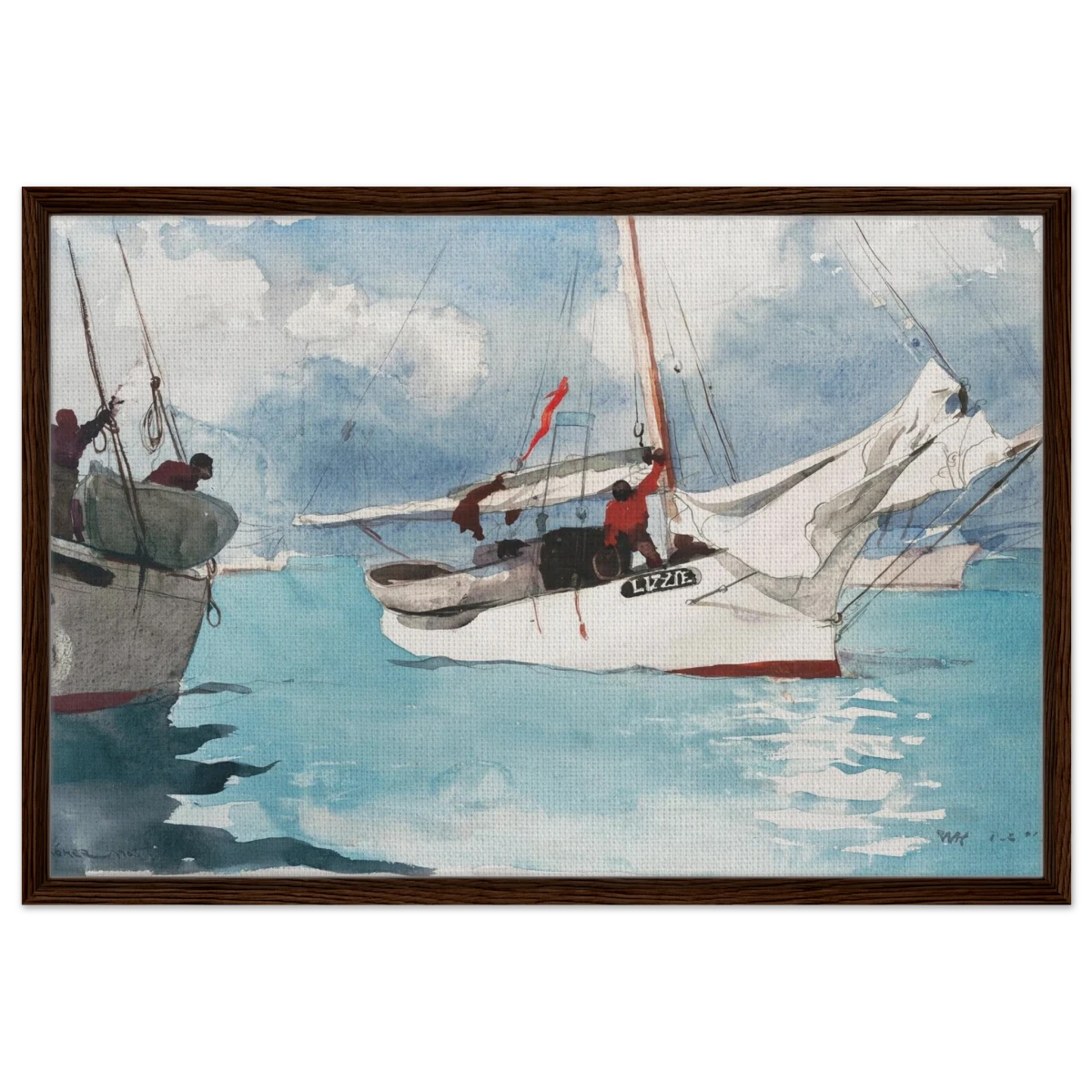 "Fishing Boats, Key West" – Nautical Wall Art Print by Winslow Homer - Framed Canvas - 60x90 cm / 24x36″ - Dark wood frame