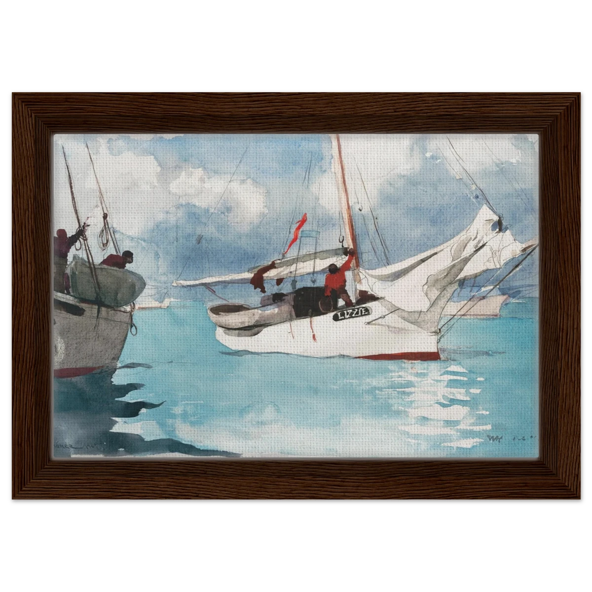 "Fishing Boats, Key West" – Nautical Wall Art Print by Winslow Homer - Framed Canvas - 20x30 cm / 8x12″ - Dark wood frame