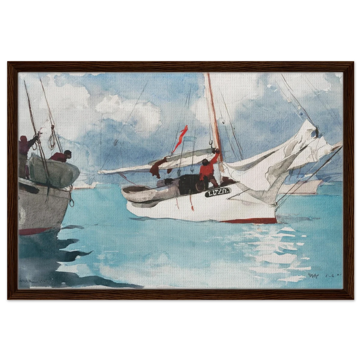 "Fishing Boats, Key West" – Nautical Wall Art Print by Winslow Homer - Framed Canvas - 50x75 cm / 20x30″ - Dark wood frame