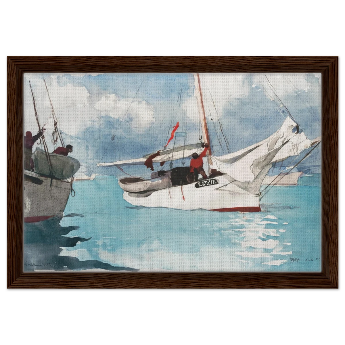 "Fishing Boats, Key West" – Nautical Wall Art Print by Winslow Homer - Framed Canvas - 30x45 cm / 12x18″ - Dark wood frame