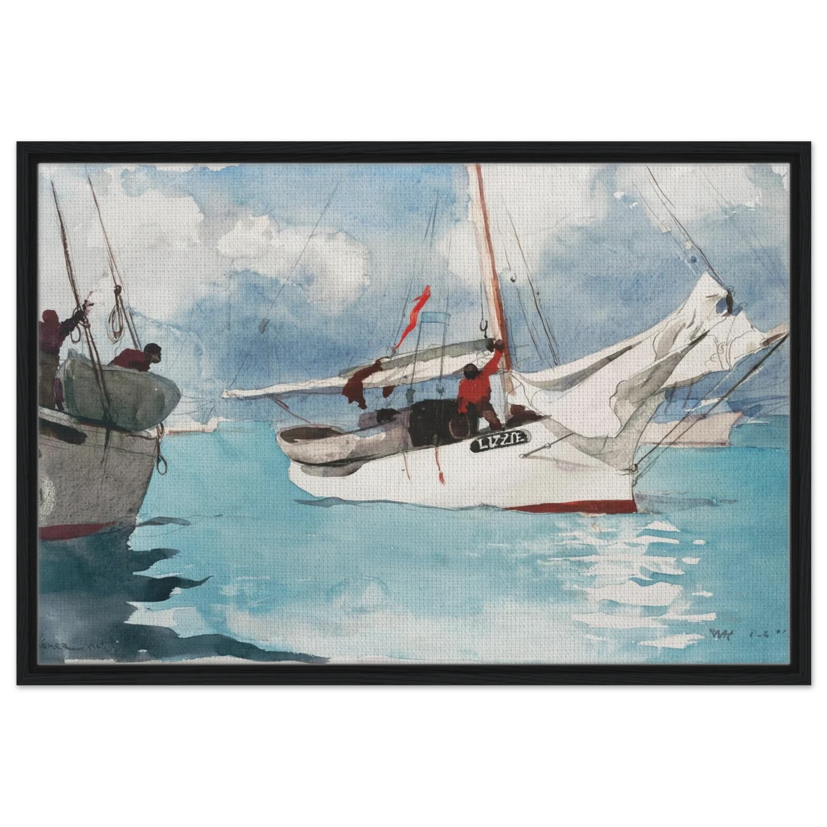 "Fishing Boats, Key West" – Nautical Wall Art Print by Winslow Homer - Framed Canvas - 60x90 cm / 24x36″ - Black frame
