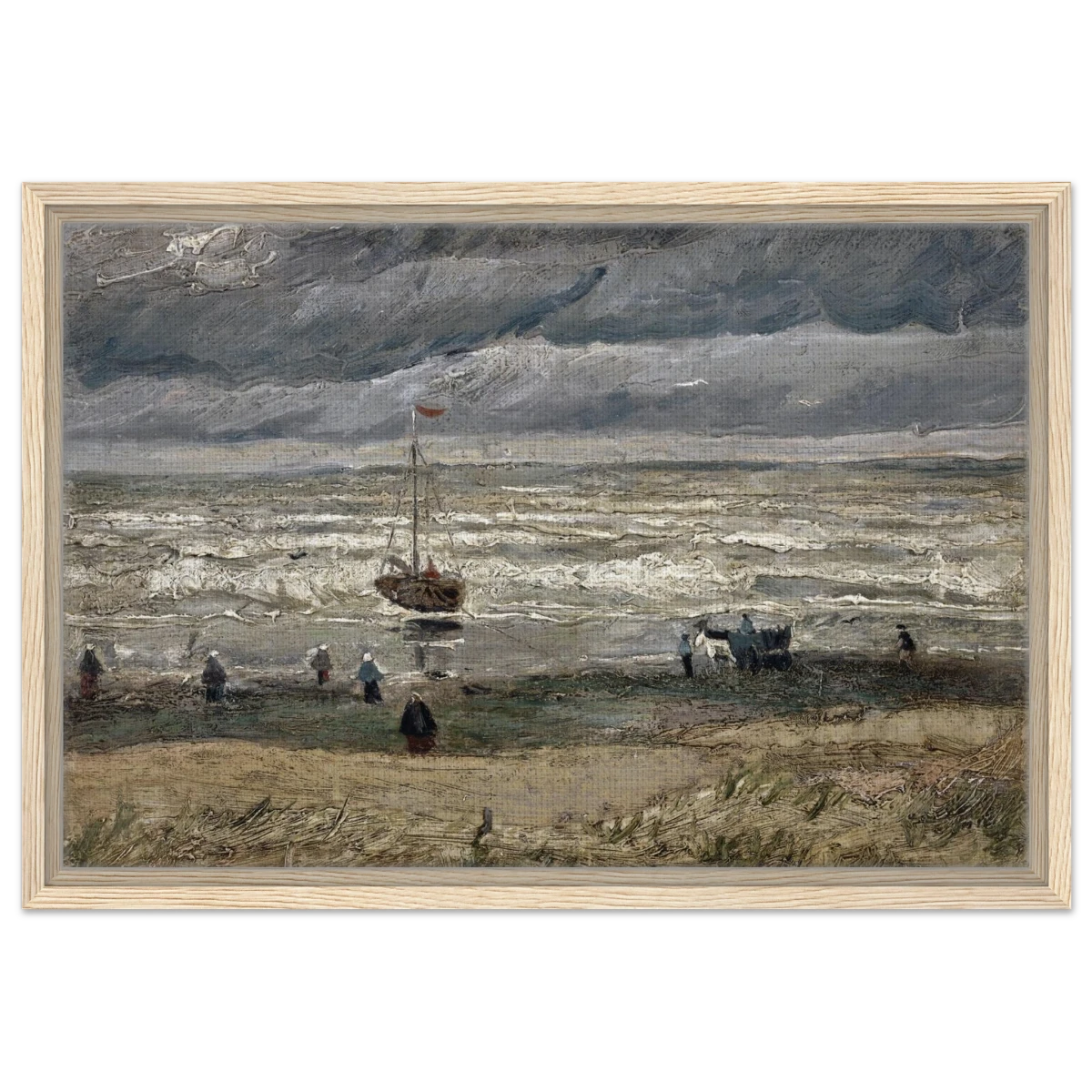 Fishing Boats on the Beach at Scheveningen – Vincent van Gogh Nautical Wall Art Print - Framed Canvas - 40x60 cm / 16x24″ - Wood frame