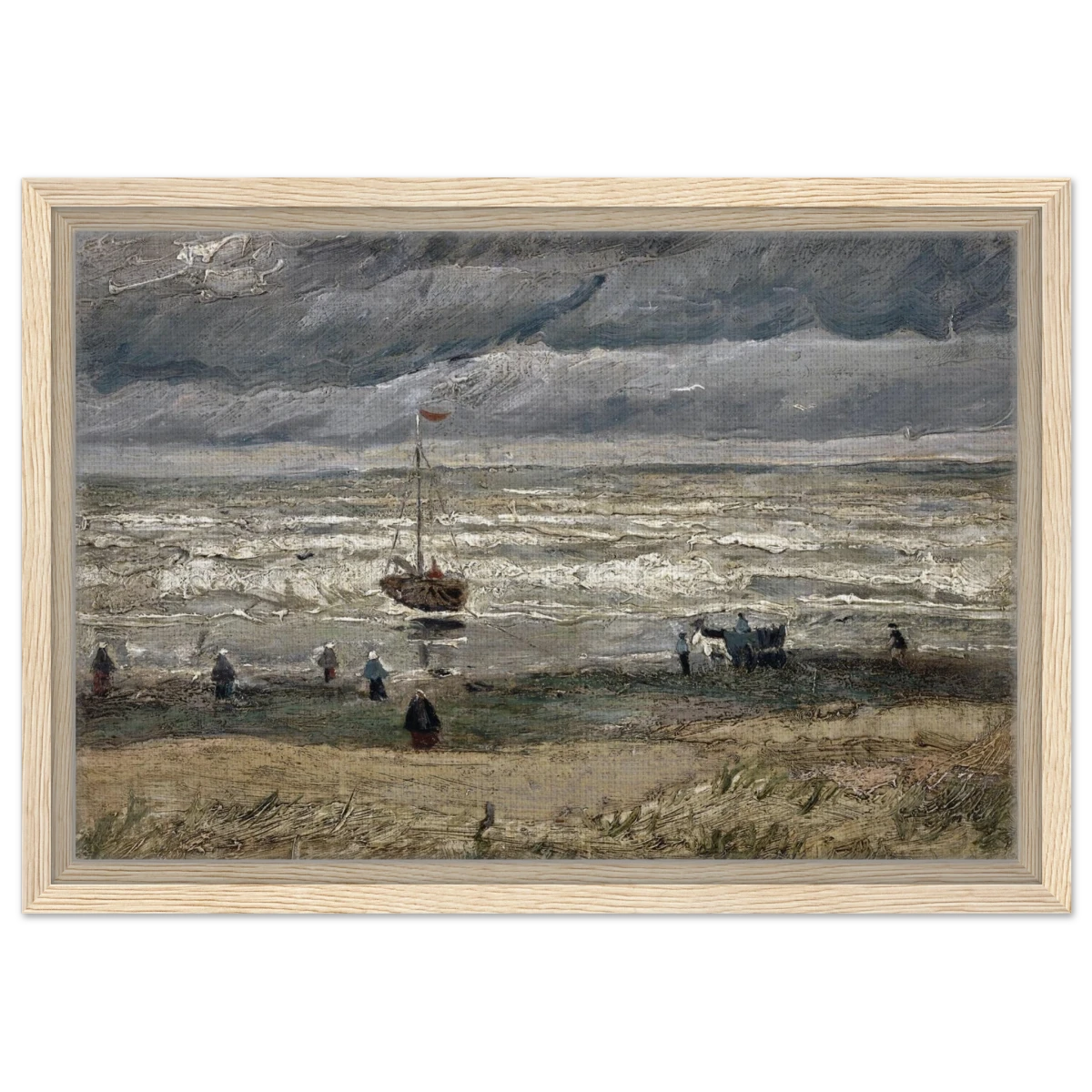 Fishing Boats on the Beach at Scheveningen – Vincent van Gogh Nautical Wall Art Print - Framed Canvas - 30x45 cm / 12x18″ - Wood frame