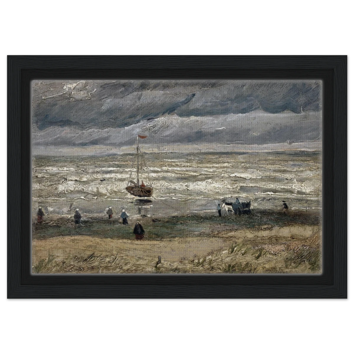 Fishing Boats on the Beach at Scheveningen – Vincent van Gogh Nautical Wall Art Print - Framed Canvas - 20x30 cm / 8x12″ - Black frame