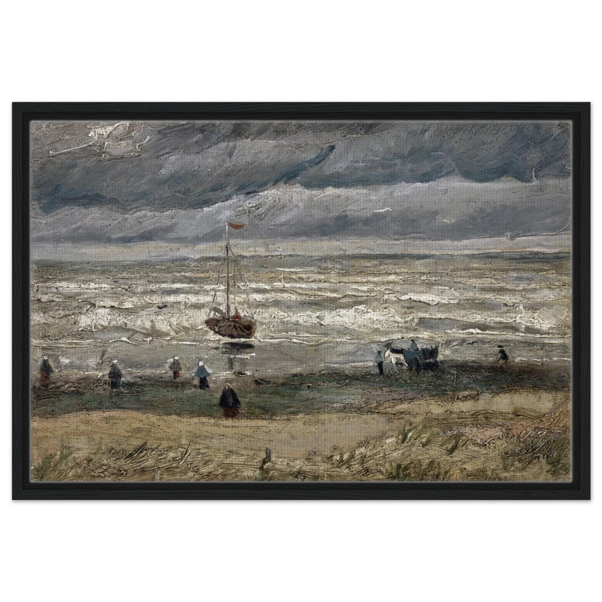 Fishing Boats on the Beach at Scheveningen – Vincent van Gogh Nautical Wall Art Print - Framed Canvas - 50x75 cm / 20x30″ - Black frame