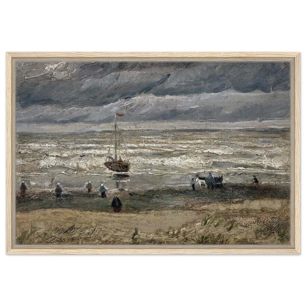 Fishing Boats on the Beach at Scheveningen – Vincent van Gogh Nautical Wall Art Print - Framed Canvas - 50x75 cm / 20x30″ - Wood frame