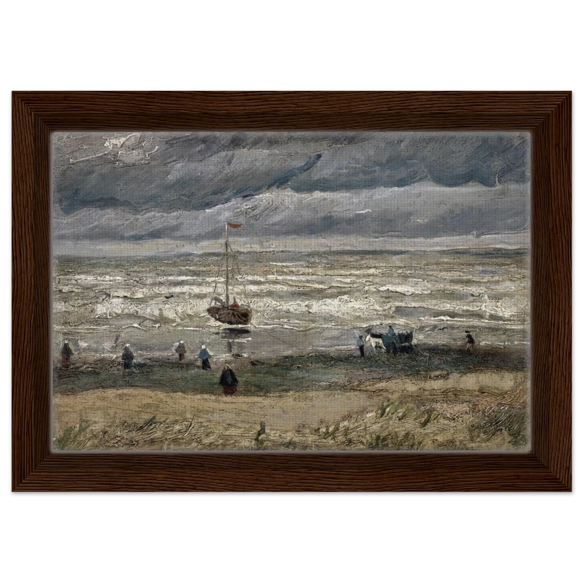 Fishing Boats on the Beach at Scheveningen – Vincent van Gogh Nautical Wall Art Print - Framed Canvas - 20x30 cm / 8x12″ - Dark wood frame