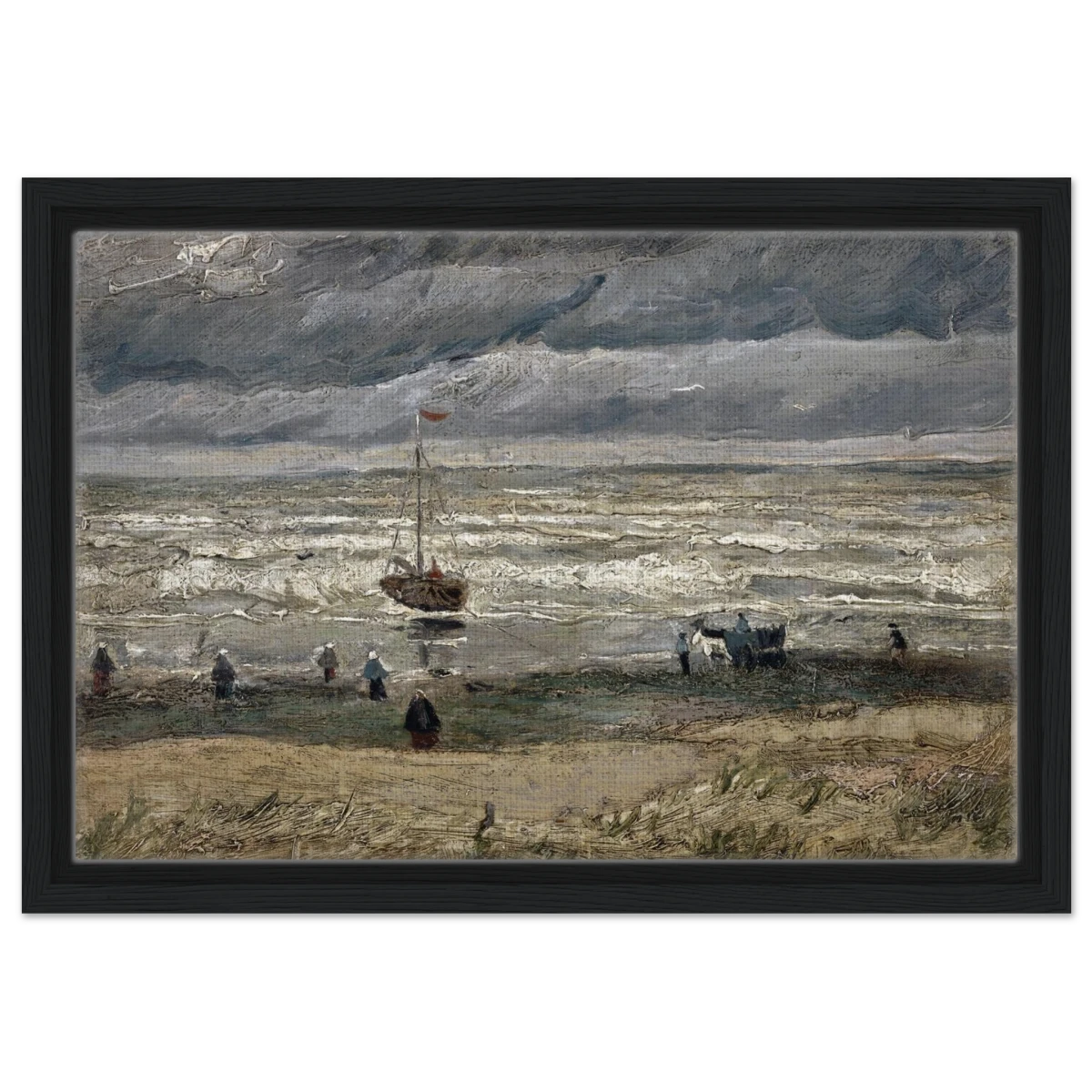 Fishing Boats on the Beach at Scheveningen – Vincent van Gogh Nautical Wall Art Print - Framed Canvas - 30x45 cm / 12x18″ - Black frame