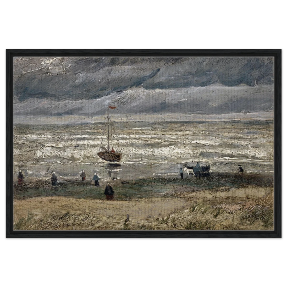 Fishing Boats on the Beach at Scheveningen – Vincent van Gogh Nautical Wall Art Print - Framed Canvas - 60x90 cm / 24x36″ - Black frame