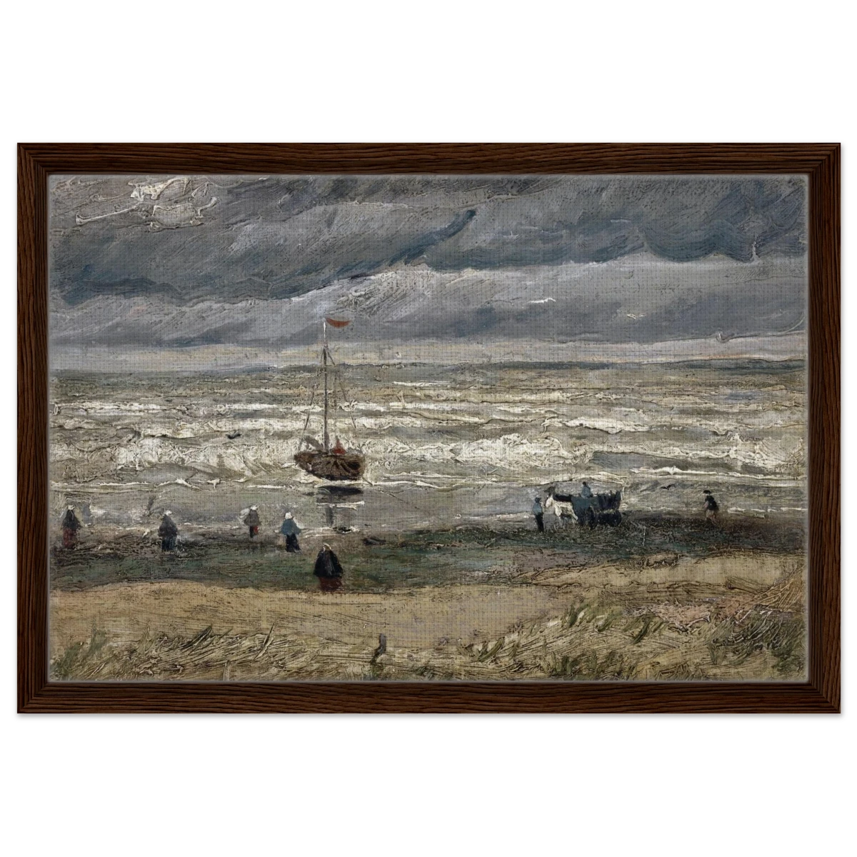 Fishing Boats on the Beach at Scheveningen – Vincent van Gogh Nautical Wall Art Print - Framed Canvas - 40x60 cm / 16x24″ - Dark wood frame