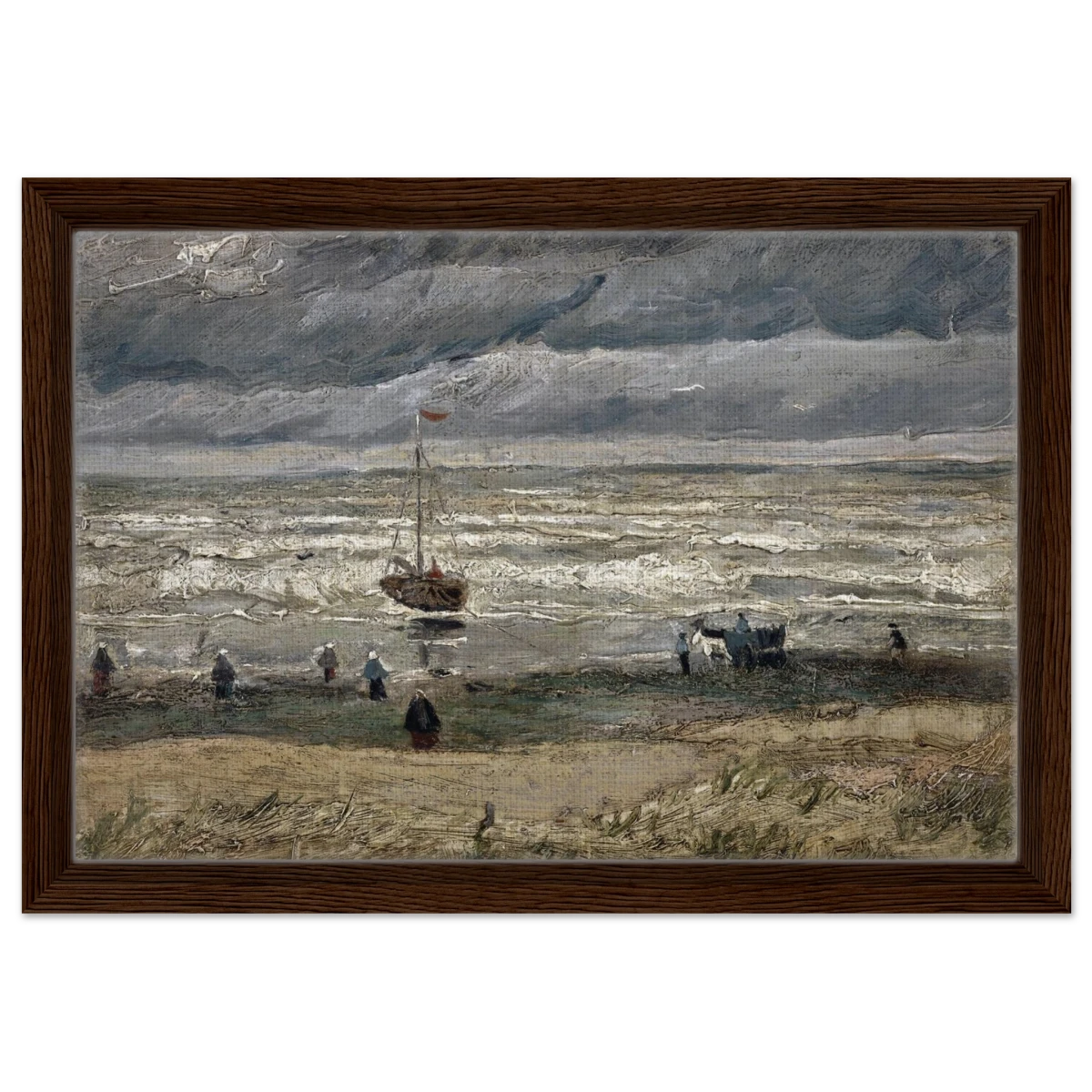 Fishing Boats on the Beach at Scheveningen – Vincent van Gogh Nautical Wall Art Print - Framed Canvas - 30x45 cm / 12x18″ - Dark wood frame