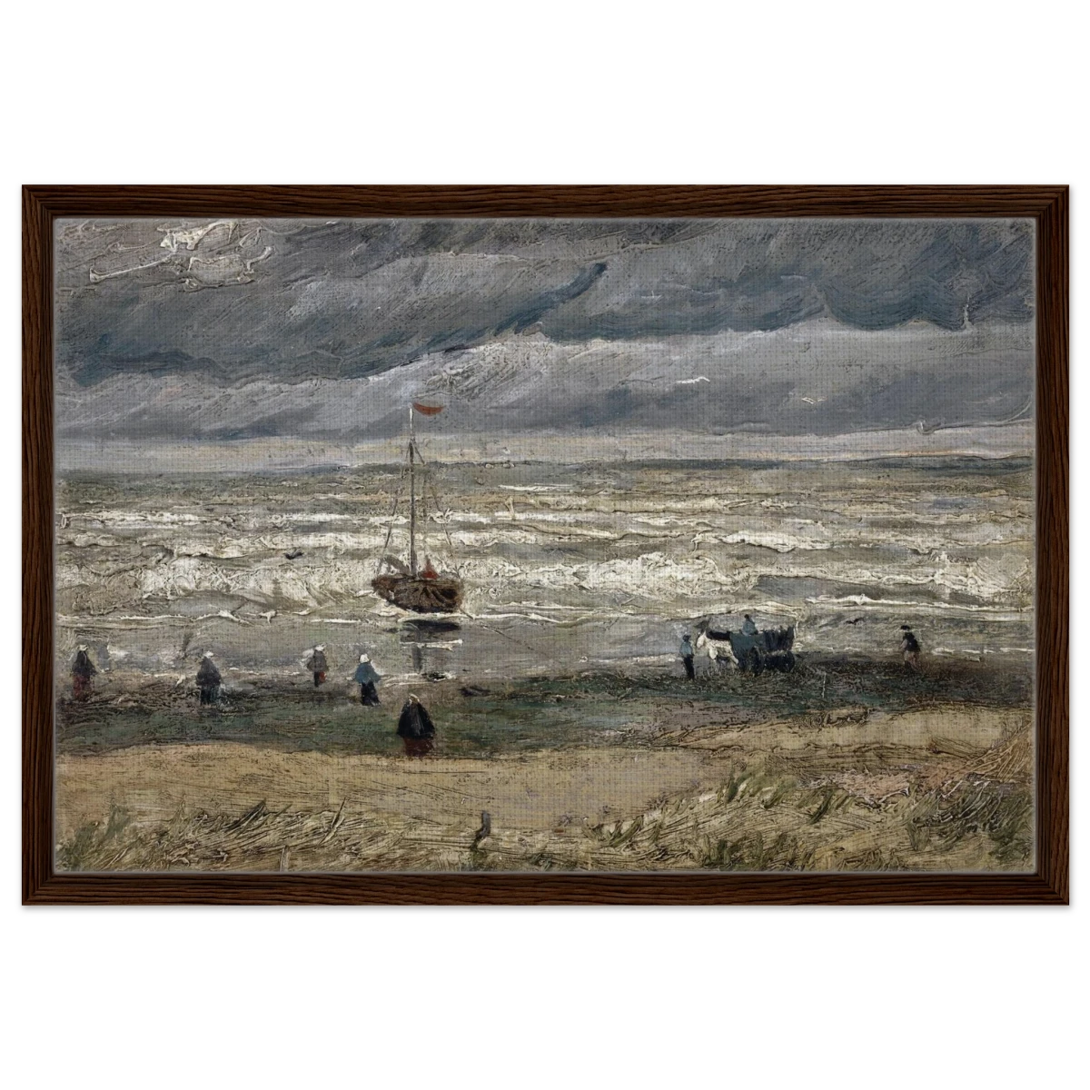 Fishing Boats on the Beach at Scheveningen – Vincent van Gogh Nautical Wall Art Print - Framed Canvas - 50x75 cm / 20x30″ - Dark wood frame