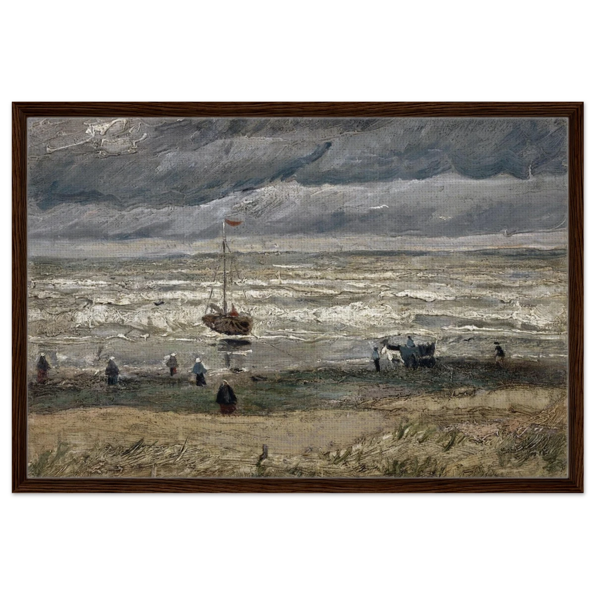 Fishing Boats on the Beach at Scheveningen – Vincent van Gogh Nautical Wall Art Print - Framed Canvas - 60x90 cm / 24x36″ - Dark wood frame