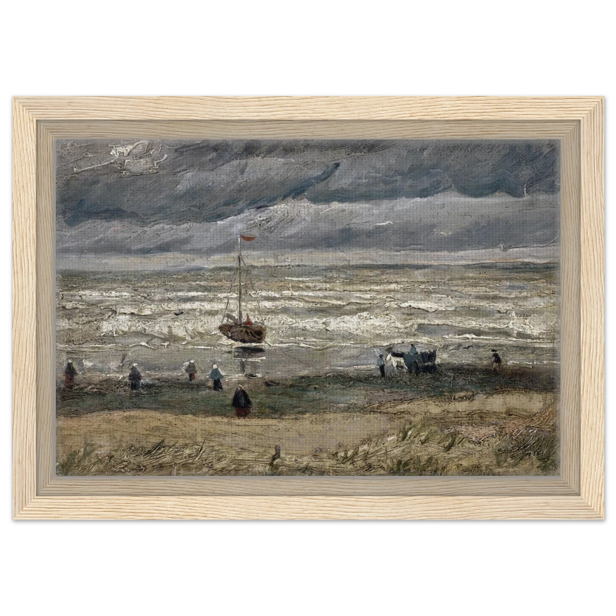 Fishing Boats on the Beach at Scheveningen – Vincent van Gogh Nautical Wall Art Print - Framed Canvas - 20x30 cm / 8x12″ - Wood frame