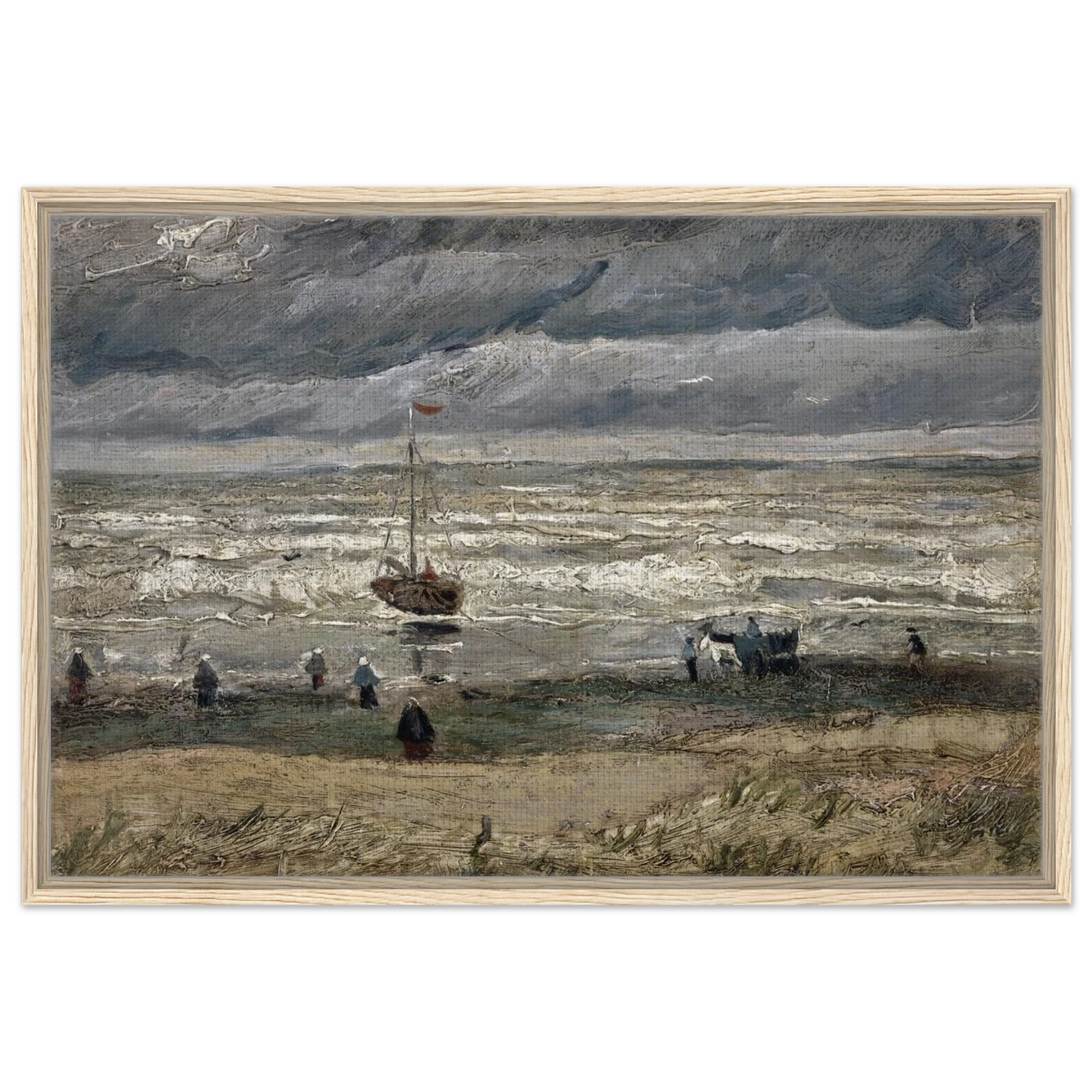 Fishing Boats on the Beach at Scheveningen – Vincent van Gogh Nautical Wall Art Print - Framed Canvas - 60x90 cm / 24x36″ - Wood frame