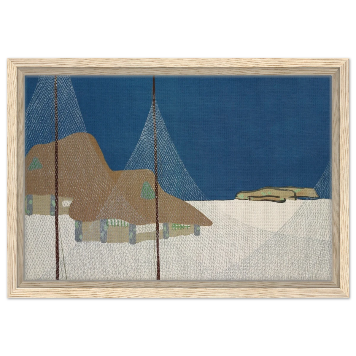 "Fishing Village" – Japanese Coastal Minimalism Wall Art Print by Kamisaka Sekka - Framed Canvas - 30x45 cm / 12x18″ - Wood frame