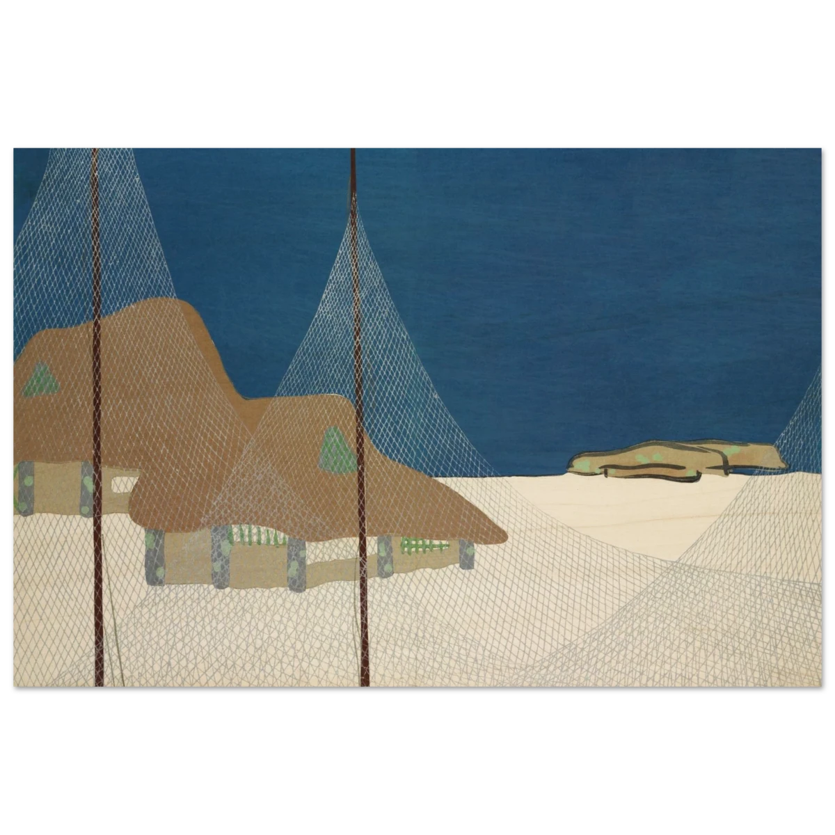 "Fishing Village" – Japanese Coastal Minimalism Wall Art Print by Kamisaka Sekka - Wood Prints - 40x60 cm / 16x24″ -