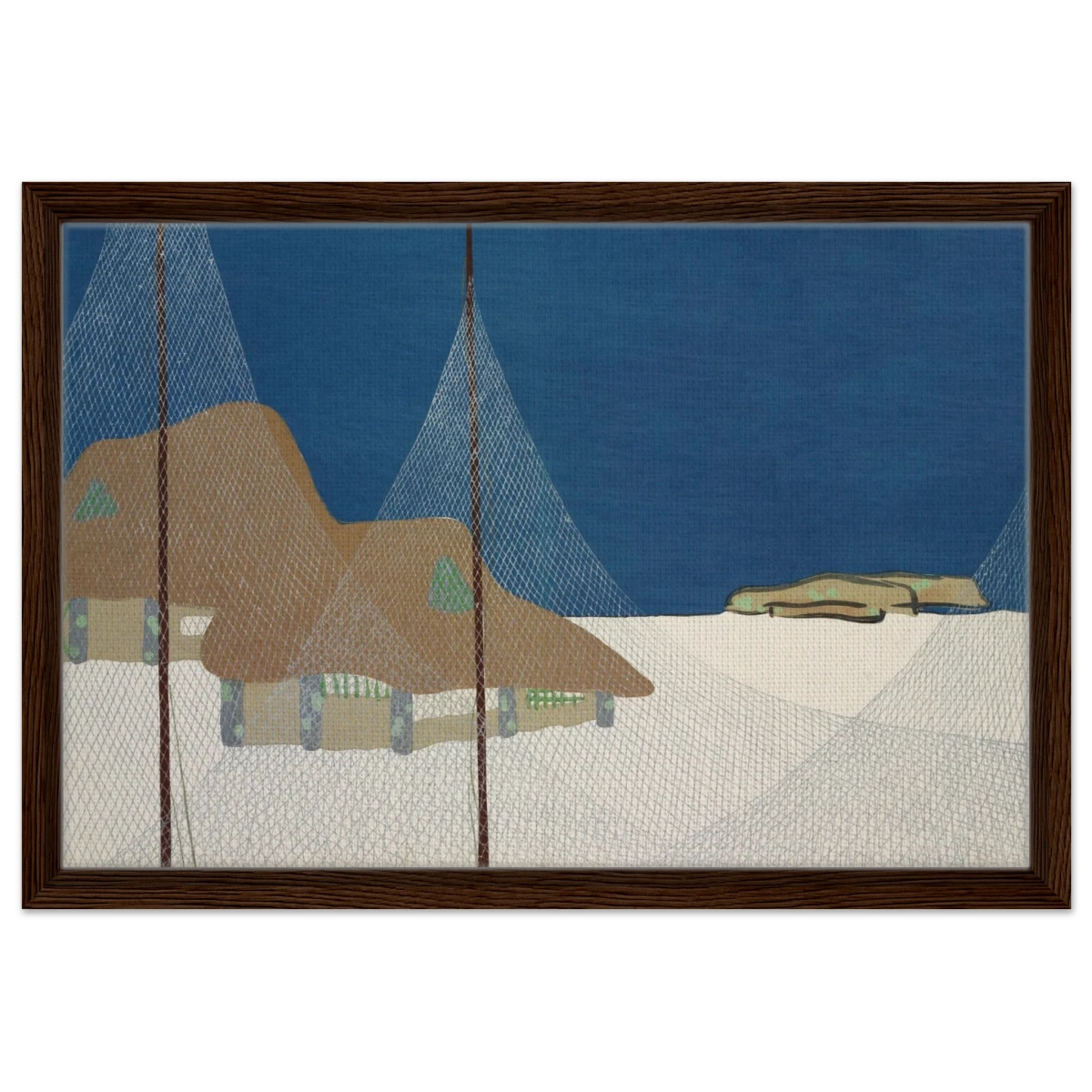 "Fishing Village" – Japanese Coastal Minimalism Wall Art Print by Kamisaka Sekka - Framed Canvas - 40x60 cm / 16x24″ - Dark wood frame