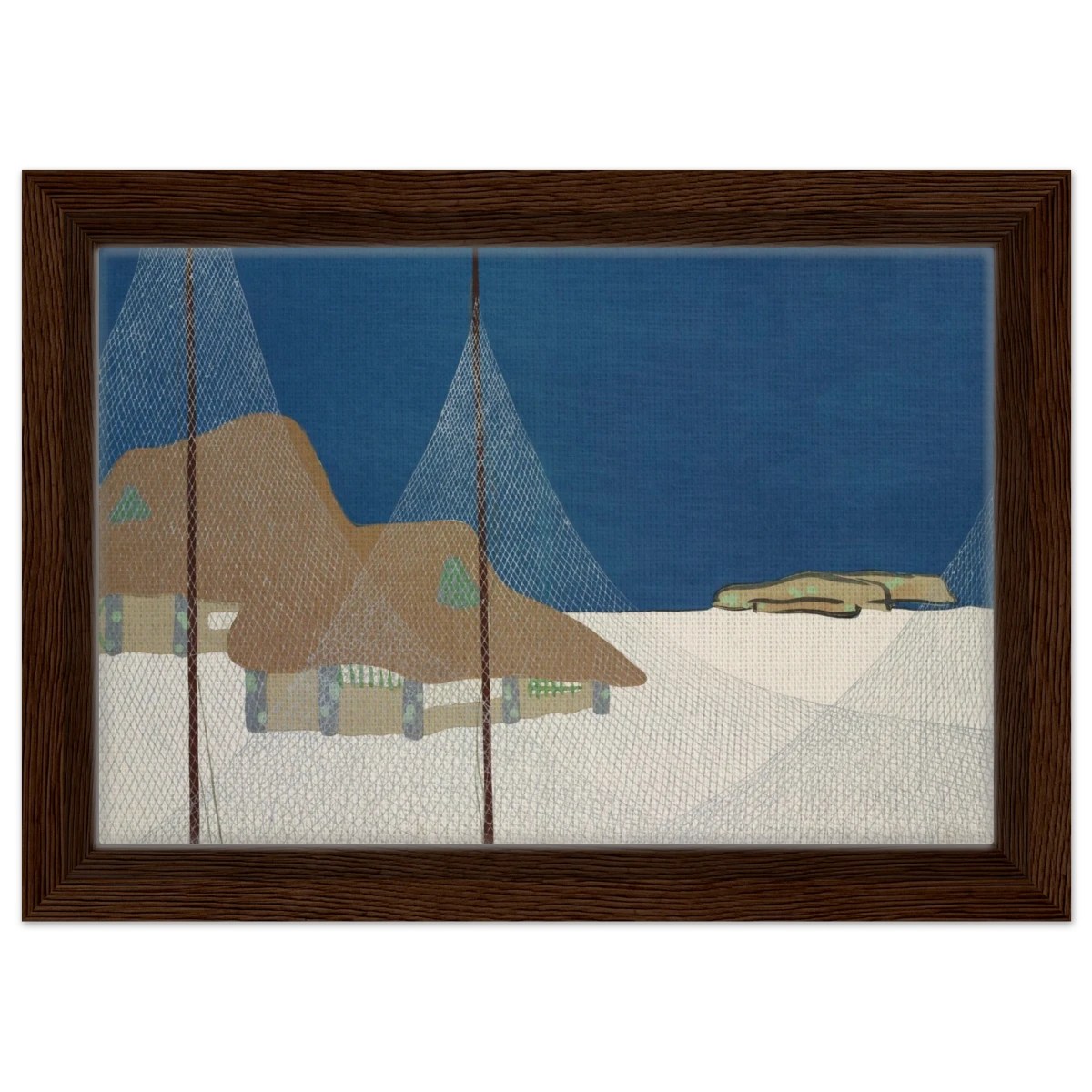 "Fishing Village" – Japanese Coastal Minimalism Wall Art Print by Kamisaka Sekka - Framed Canvas - 20x30 cm / 8x12″ - Dark wood frame