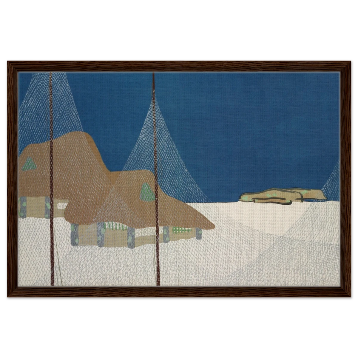 "Fishing Village" – Japanese Coastal Minimalism Wall Art Print by Kamisaka Sekka - Framed Canvas - 50x75 cm / 20x30″ - Dark wood frame