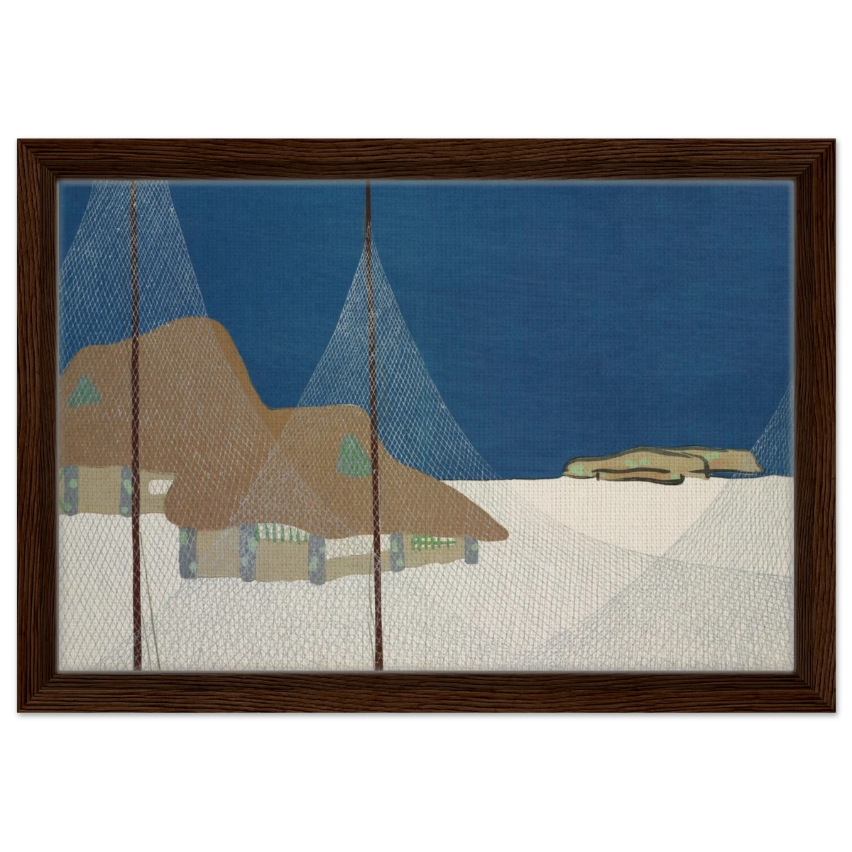 "Fishing Village" – Japanese Coastal Minimalism Wall Art Print by Kamisaka Sekka - Framed Canvas - 30x45 cm / 12x18″ - Dark wood frame