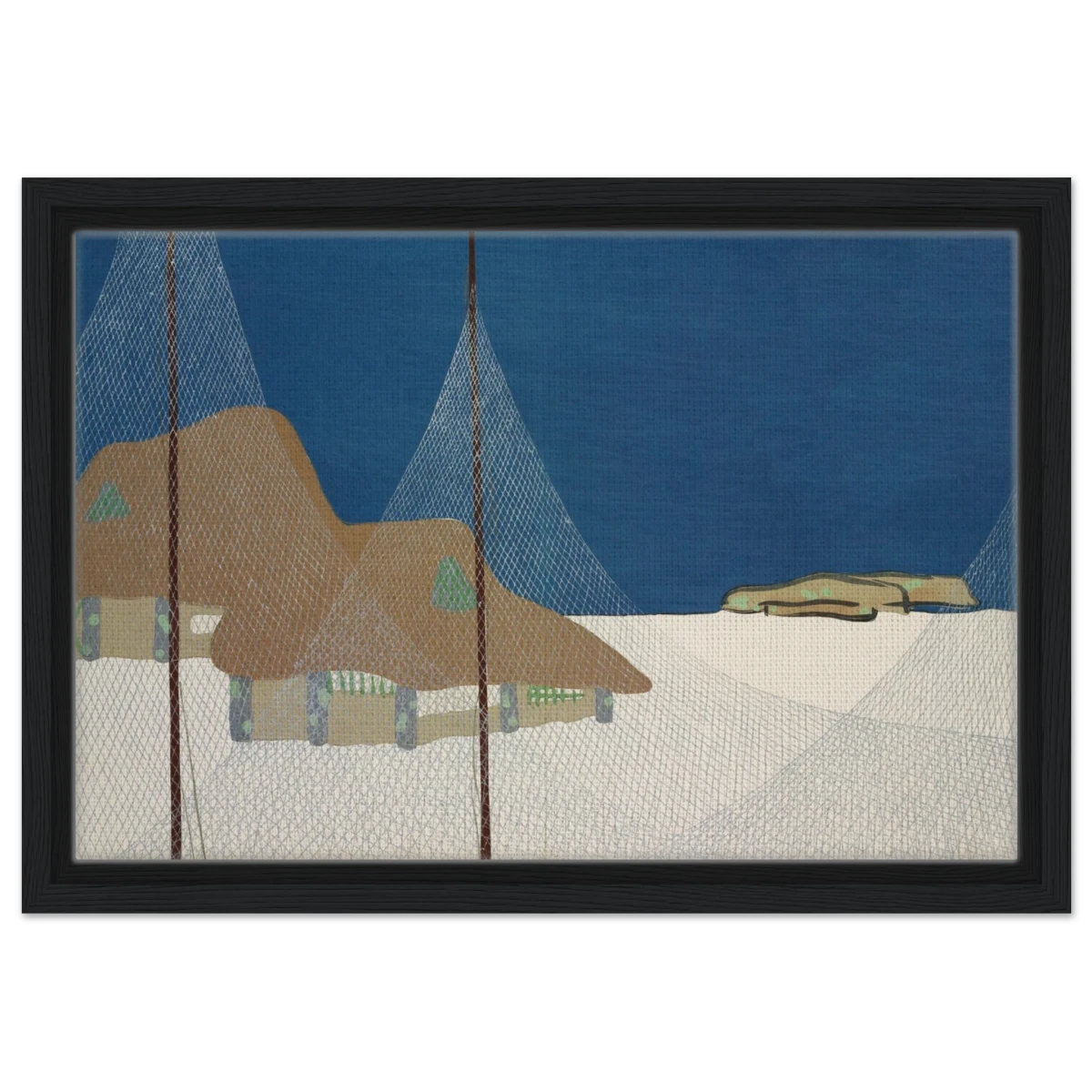 "Fishing Village" – Japanese Coastal Minimalism Wall Art Print by Kamisaka Sekka - Framed Canvas - 30x45 cm / 12x18″ - Black frame